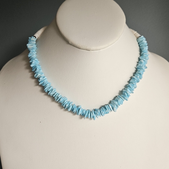 Blue Puka Shell Collar Necklace Vintage Hawaiian Tropical Beach Beaded Handmade - Picture 3 of 11